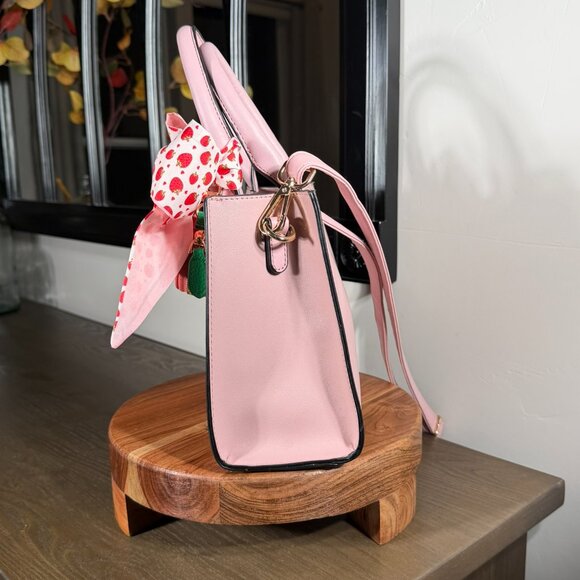 Pink Faux Leather Top Handle Satchel with Strawberry Twilly & Coin Purse Charm - Picture 6 of 15